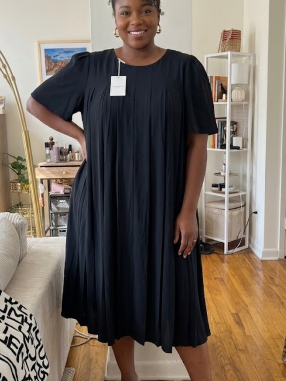 Lafayette 168 Black Pleated Short Sleeve Dress